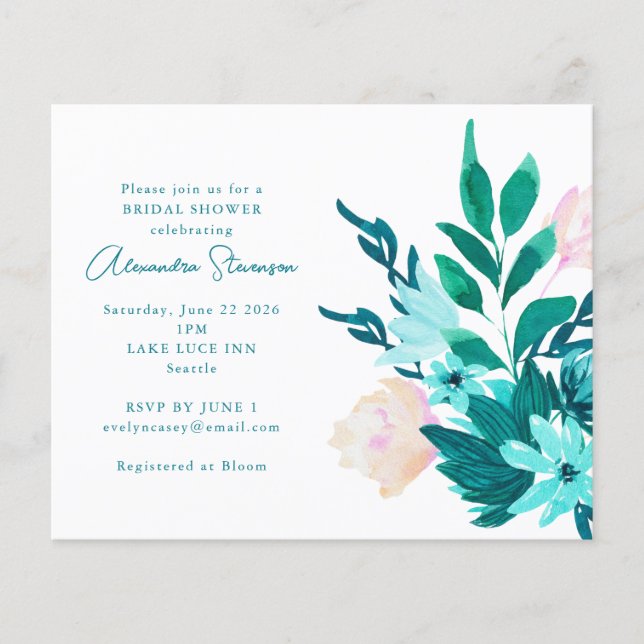 Budget Aqua Blue Floral Bridal Shower Invitation (Front)