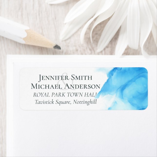 Budget Aqua Blue Watercolor Wash Wedding Label (Insitu)