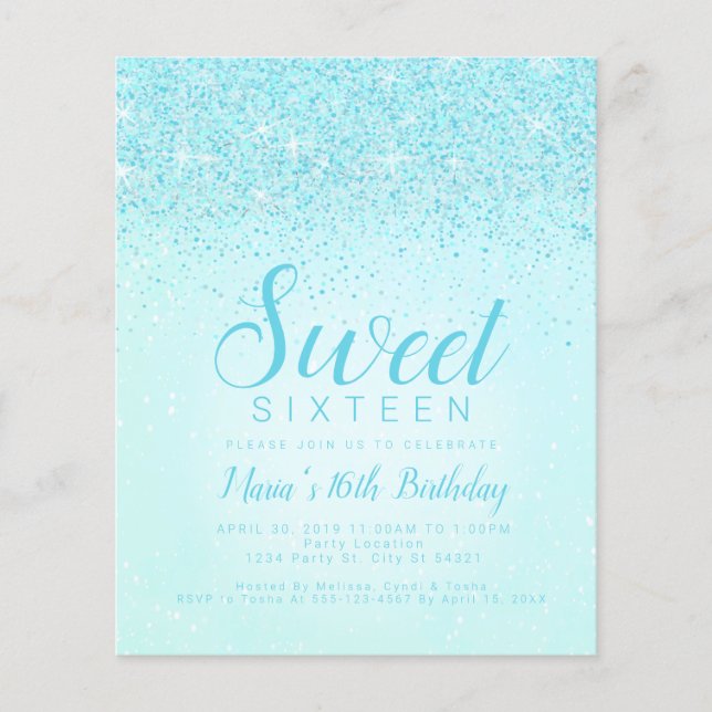 Budget Aqua Glitter, Sweet 16 Invitations (Front)