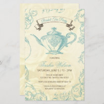 Budget Aqua Ivory Vintage Bridal Tea Invitation