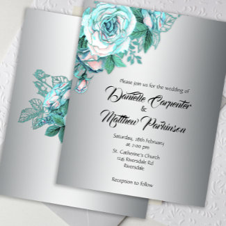 Budget Aqua Roses on Elegant Silver Wedding Invite