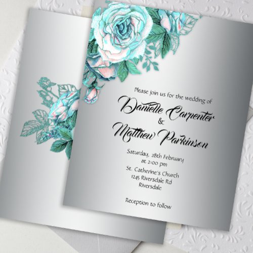 Budget Aqua Roses on Elegant Silver Wedding Invite Flyer