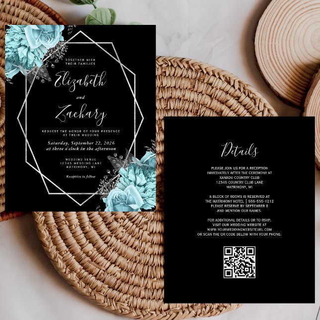 Budget Aqua Silver Floral Black QR Code Wedding (Creator Uploaded)