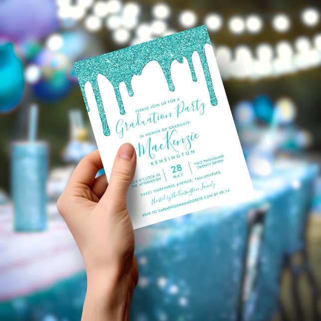 BUDGET Aqua Teal Glitter Drips Graduation Party (BUDGET Aqua Teal Glitter Drips Graduation Party Invitation)