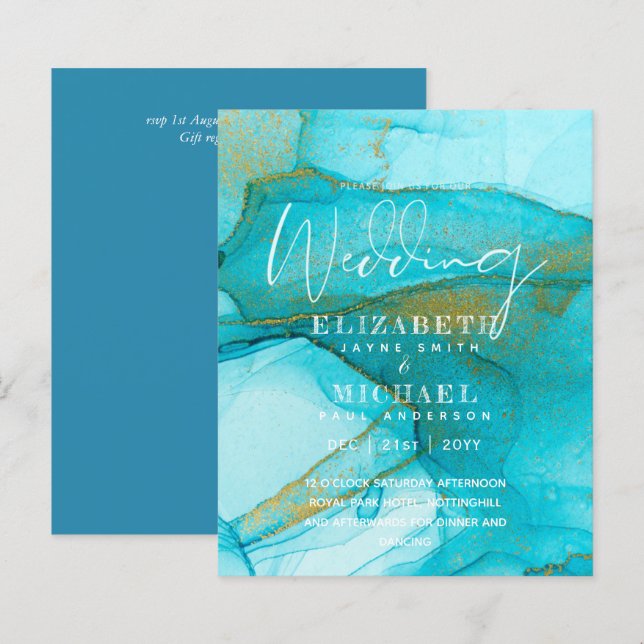 BUDGET Aqua Watercolor Wedding Invite Ocean Beach (Front/Back)