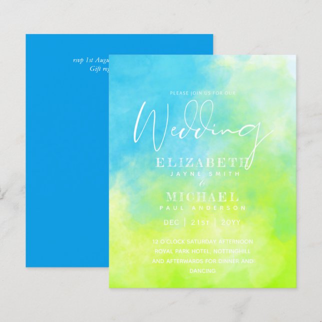 BUDGET Aqua Watercolor Wedding Invite Ocean Beach (Front/Back)