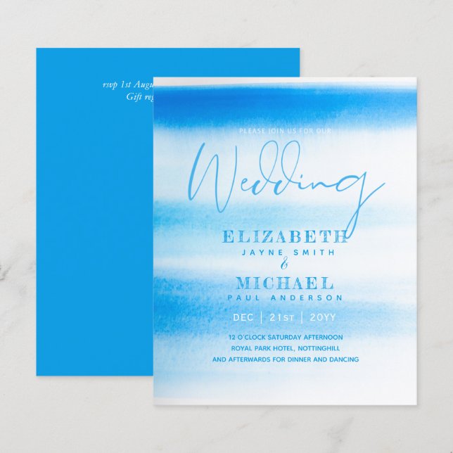 BUDGET Aqua Watercolor Wedding Invite Ocean Beach (Front/Back)
