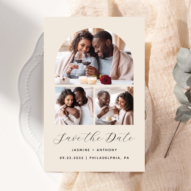Budget Arch 3-Photo Collage Beige Save the Date (Creator Uploaded)