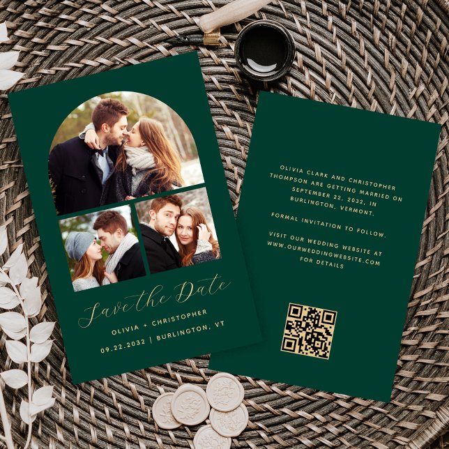 Budget Arch 3-Photo Collage Green Save the Date (Creator Uploaded)