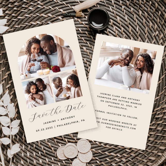 Budget Arch 4-Photo Collage Beige Save the Date (Creator Uploaded)