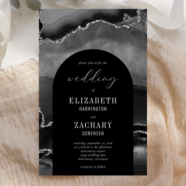 Budget Arch Black Silver Agate Wedding Invitation (Creator Uploaded)
