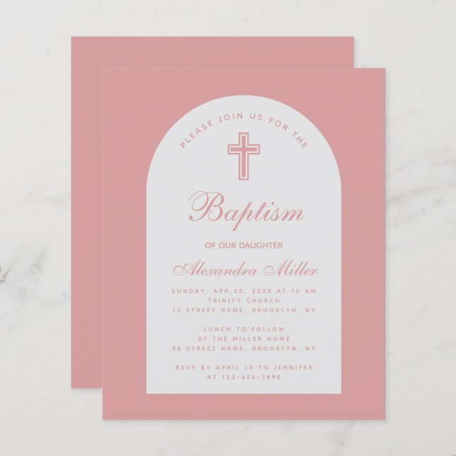 Budget Arch Dusty Rose Girl Baptism Invitation (Front/Back)