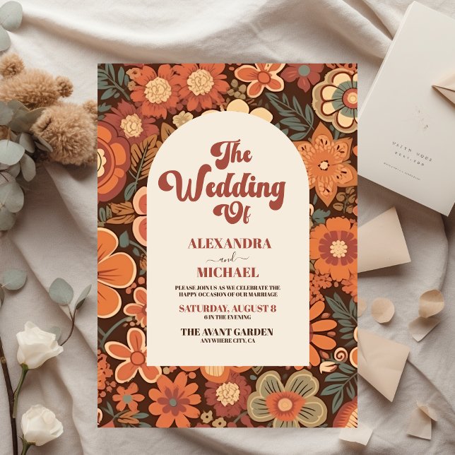 Budget Arch Groovy Retro 70s Floral Wedding Flyer (Creator Uploaded)