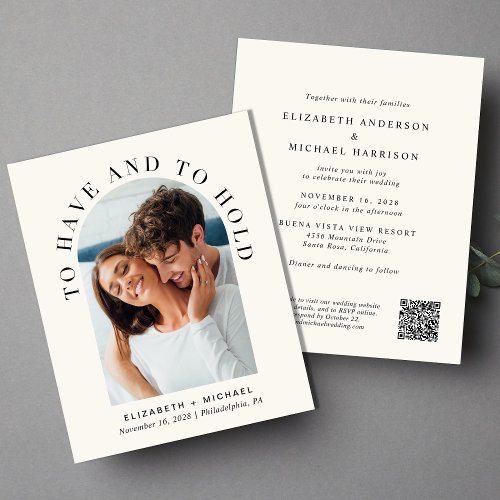 Budget Arch Photo QR Code Cream Wedding Invitation