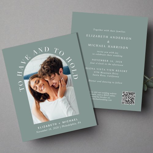 Budget Arch Photo QR Code Sage Wedding Invitation