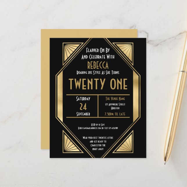 Budget Art Deco 21st Birthday Gold Black Invite (Front/Back In Situ)