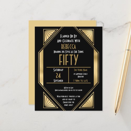 Budget Art Deco 50th Birthday Gold Black Invite