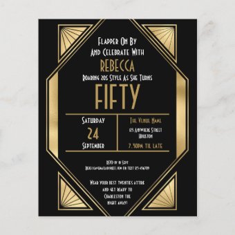 Budget Art Deco 50th Birthday Gold Black Invite | Zazzle