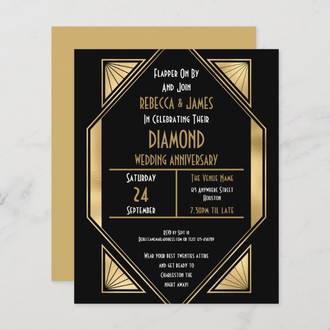 Budget Art Deco Diamond Wedding Anniversary Invite (Front/Back)