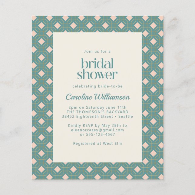 Budget Art Deco Geometric Teal Pink Bridal Shower (Front)