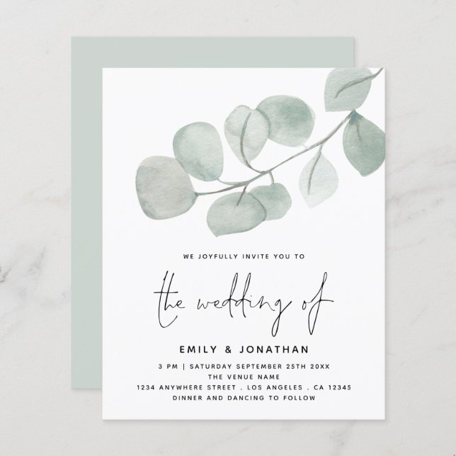 BUDGET Artsy Eucalyptus Script Wedding Invite (Front/Back)