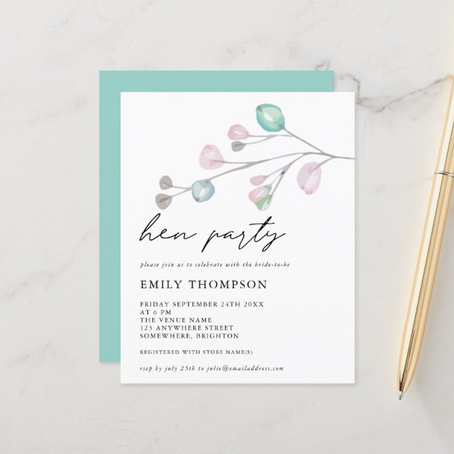 Budget Artsy Leaves Hen Party Invitation (Front/Back In Situ)