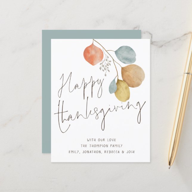 Budget Artsy Leaves Script Happy Thanksgiving Card (Front/Back In Situ)
