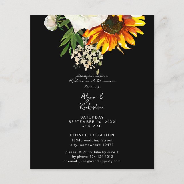 Budget Artsy Sunflower Floral Rehearsal Dinner B Flyer (Front)