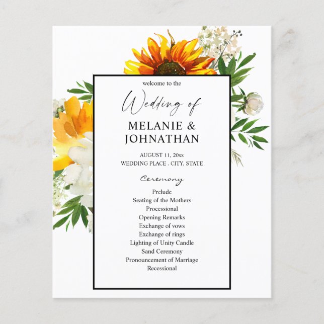 Budget Artsy Sunflower Floral Wedding Ceremony Flyer (Front)