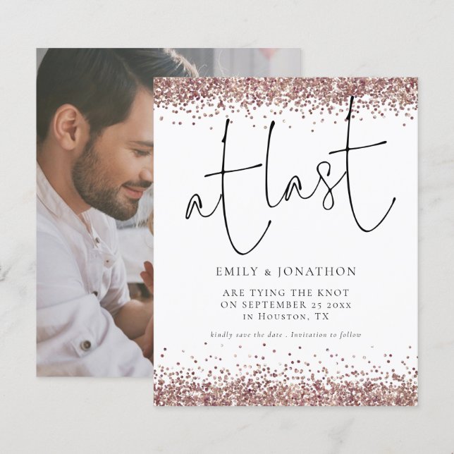 Budget At Last Rose Gold Glitter Photo Save Date (Front/Back)