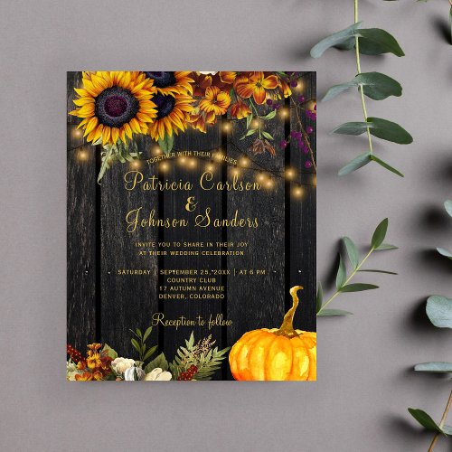 Budget autumn fall rustic wood wedding invitation