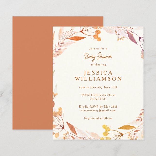 Budget Autumn Floral Boho Baby Shower Invitation (Front/Back)