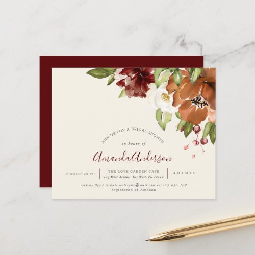 Budget Autumn Floral Burgundy Bridal Shower Invite