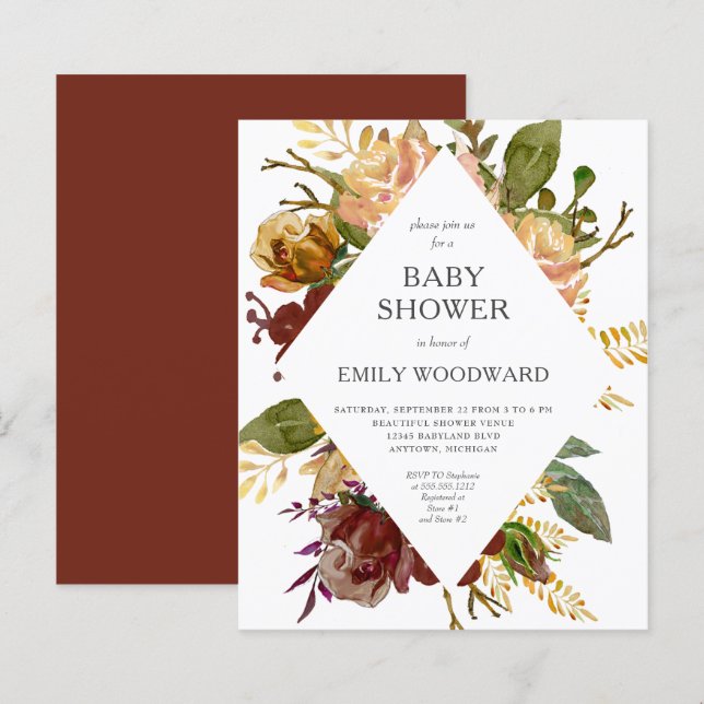 Budget Autumn Floral Frame Baby Shower Invitation (Front/Back)