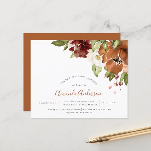 Budget Autumn Floral  Orange Bridal Shower Invite