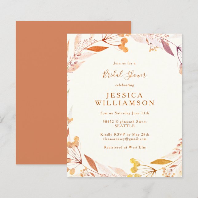Budget Autumn Floral Watercolor Boho Bridal Shower (Front/Back)