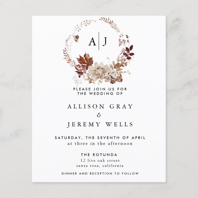 Budget Autumn Monogram Wedding Invitation Flyer (Front)