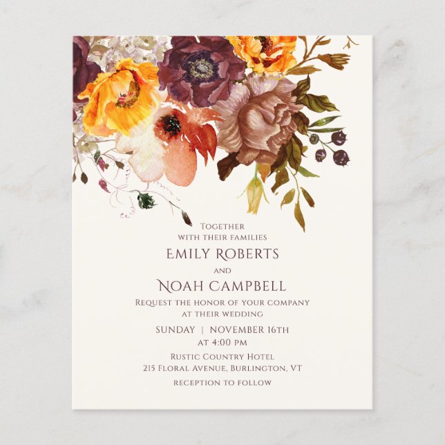 Budget Autumn Rustic Plum Orange Floral Wedding Flyer (Front)