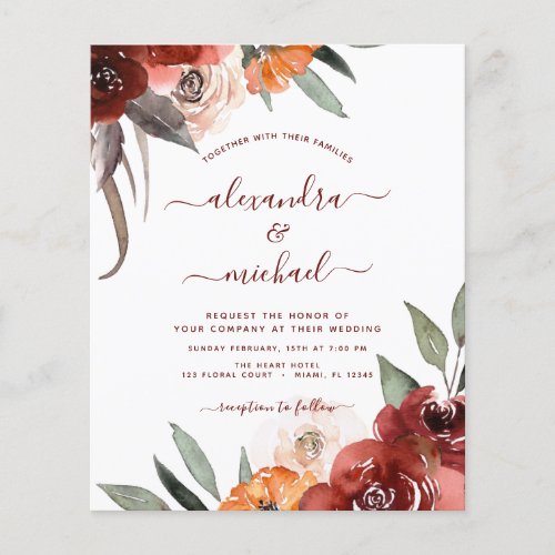 Budget Autumn Wedding Burgundy Floral Flyer