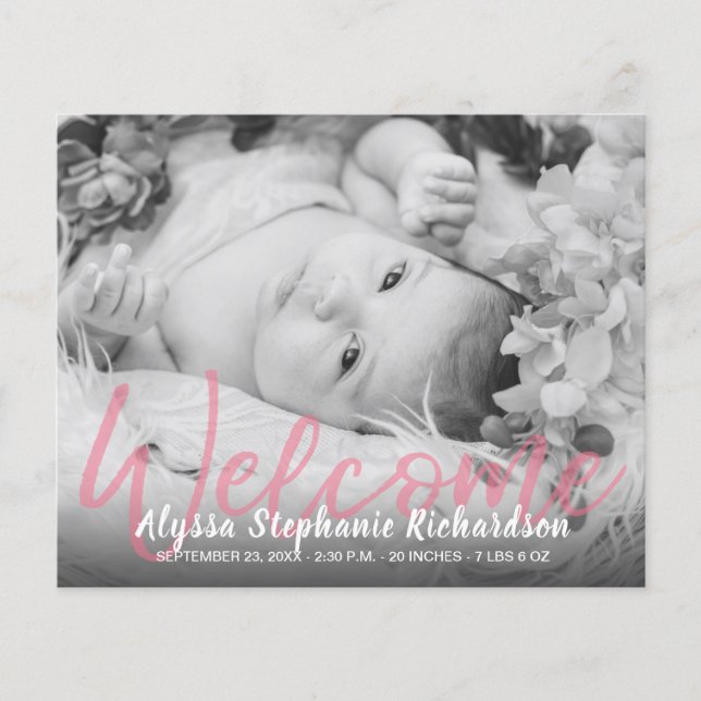 Budget B&W Pink Welcome Birth Announcement Flyer (Front)