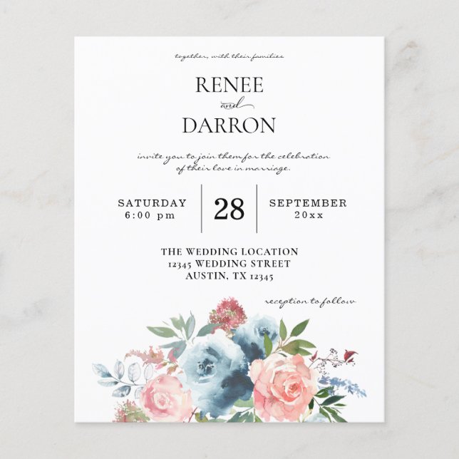 Budget Baby Blue & Blush Pink Floral Wedding Flyer (Front)