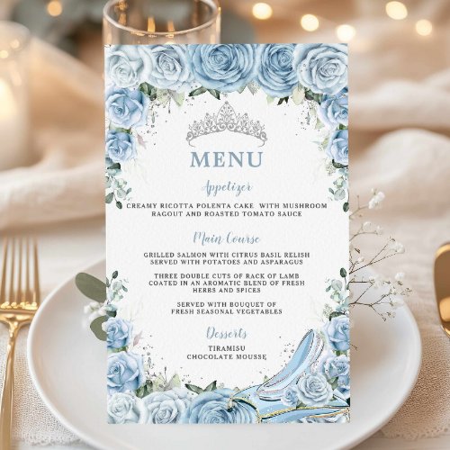 Budget Baby Blue Floral Sweet 16 Quincea&#241;era Menu Flyer