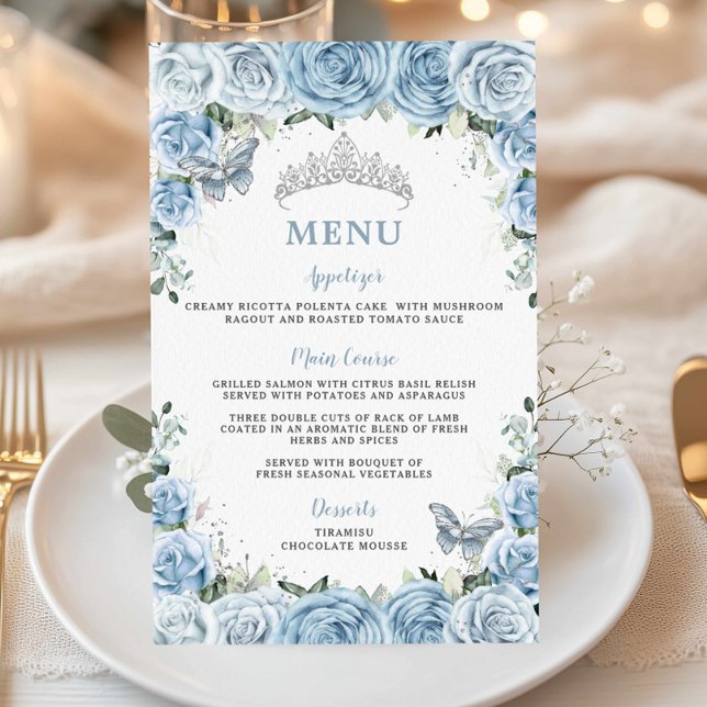 Budget Baby Blue Floral Sweet 16 Quinceañera Menu Flyer (Creator Uploaded)