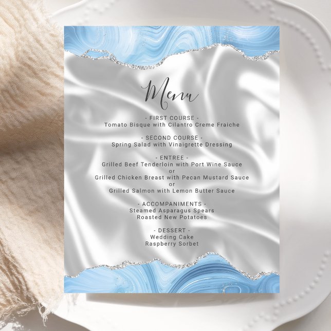 Budget Baby Blue Silver Agate Silk Wedding Menu (Creator Uploaded)