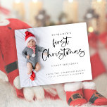 Budget Baby First Christmas Custom Photo Card<br><div class="desc">PLEASE NOTE there is ONE card per sheet. Baby First Christmas Custom Photo Card. A budget price SMALLER 4.5” x 5.6” flat card for your festive greetings on a shiny SEMI GLOSS 110 lb card stock (similar to the thickness of a postcard) PLEASE NOTE: The envelope supplied with this card...</div>