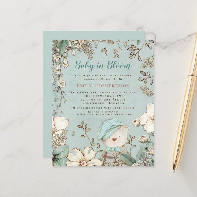 Budget Baby In Bloom Bear Boy Baby Shower Invite (Front/Back In Situ)