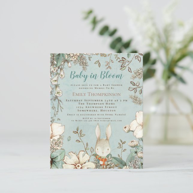 Budget Baby In Bloom Bunny Boy Baby Shower Invite (Standing Front)