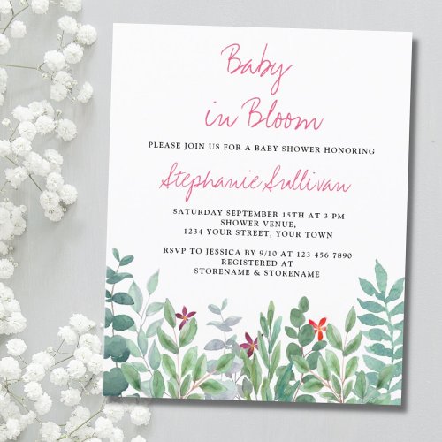 Budget Baby in Bloom Eucalyptus Baby Shower Invite