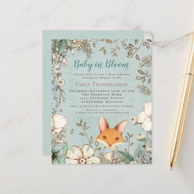 Budget Baby In Bloom Fox Boy Baby Shower Invite (Front/Back In Situ)