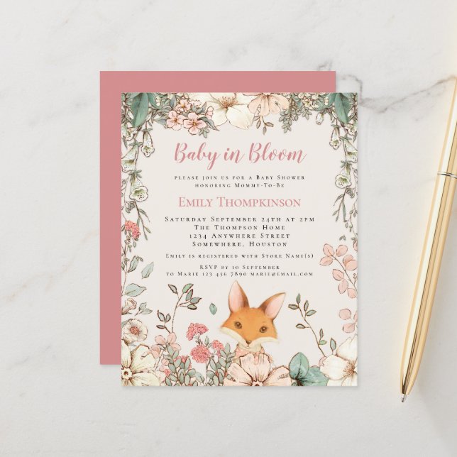 Budget Baby In Bloom Fox Girl Baby Shower Invite (Front/Back In Situ)